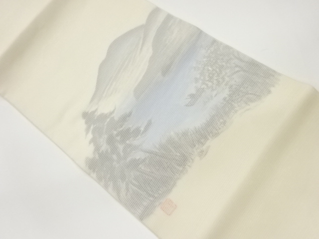 作家物　絽塩瀬山並に草木・湖・風景模様開き名古屋帯（額縁仕立て）